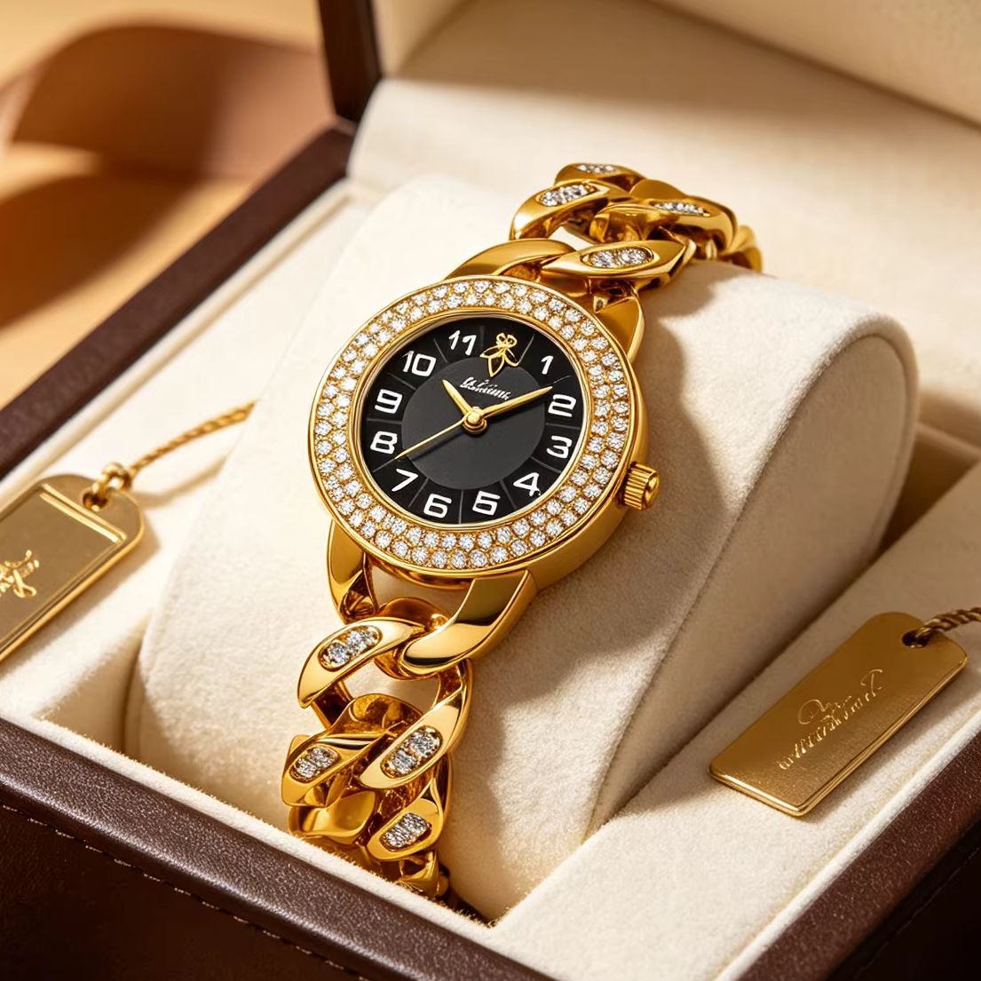 Luxury Watch Gift For Her - YaLaLuSi Gouden Cubaanse ketting dameshorloge Volledig