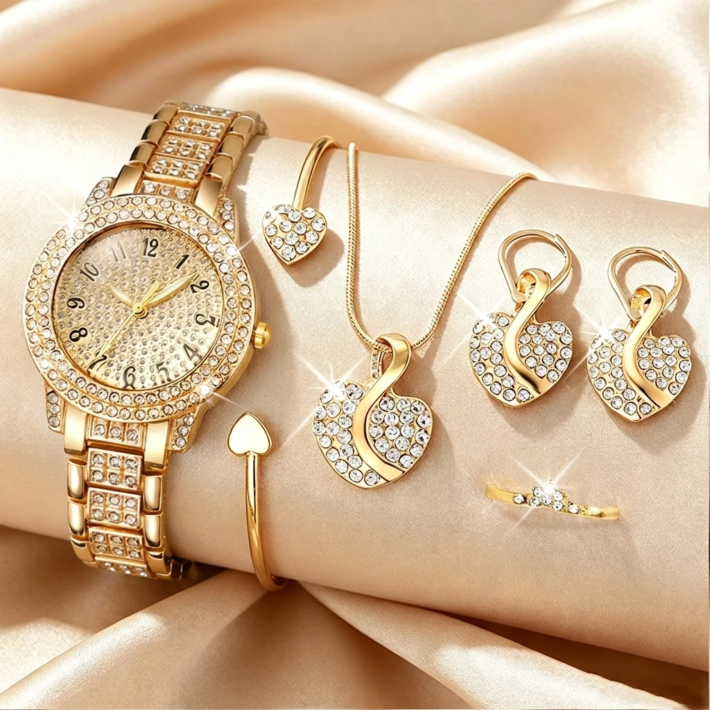 Open Heart Watch - 6PCS Fashion Rhinestone Dameshorloge Hart Sieraden